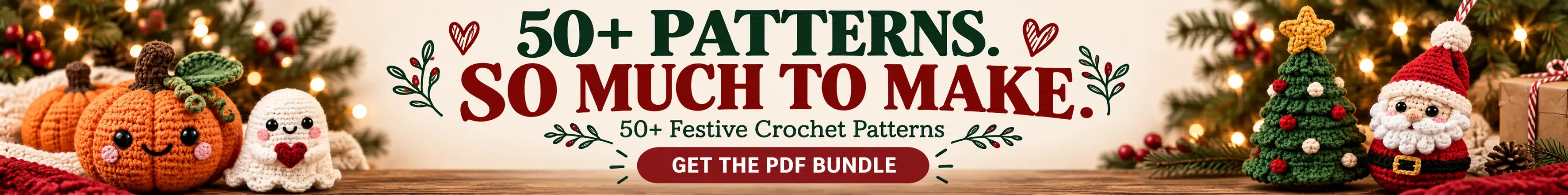 50+ Halloween and Christmas crochet patterns in a paid PDF bundle. Shop the bundle.