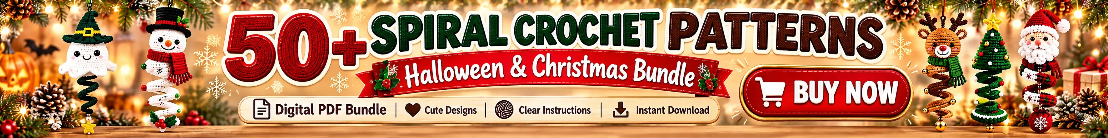 50+ Halloween and Christmas crochet patterns in a paid PDF bundle. Shop the bundle.