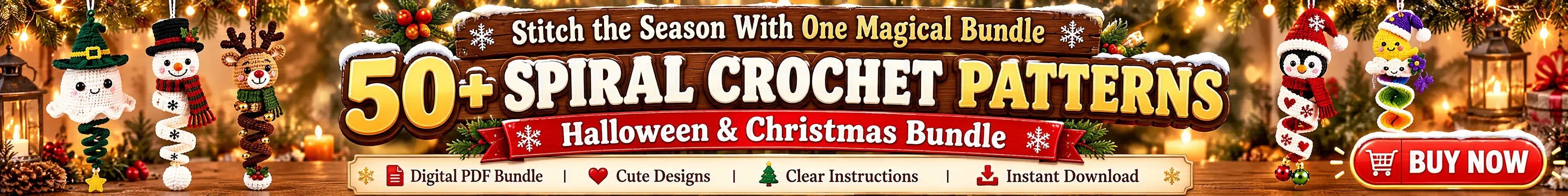 50+ Halloween and Christmas crochet patterns in a paid PDF bundle. Shop the bundle.