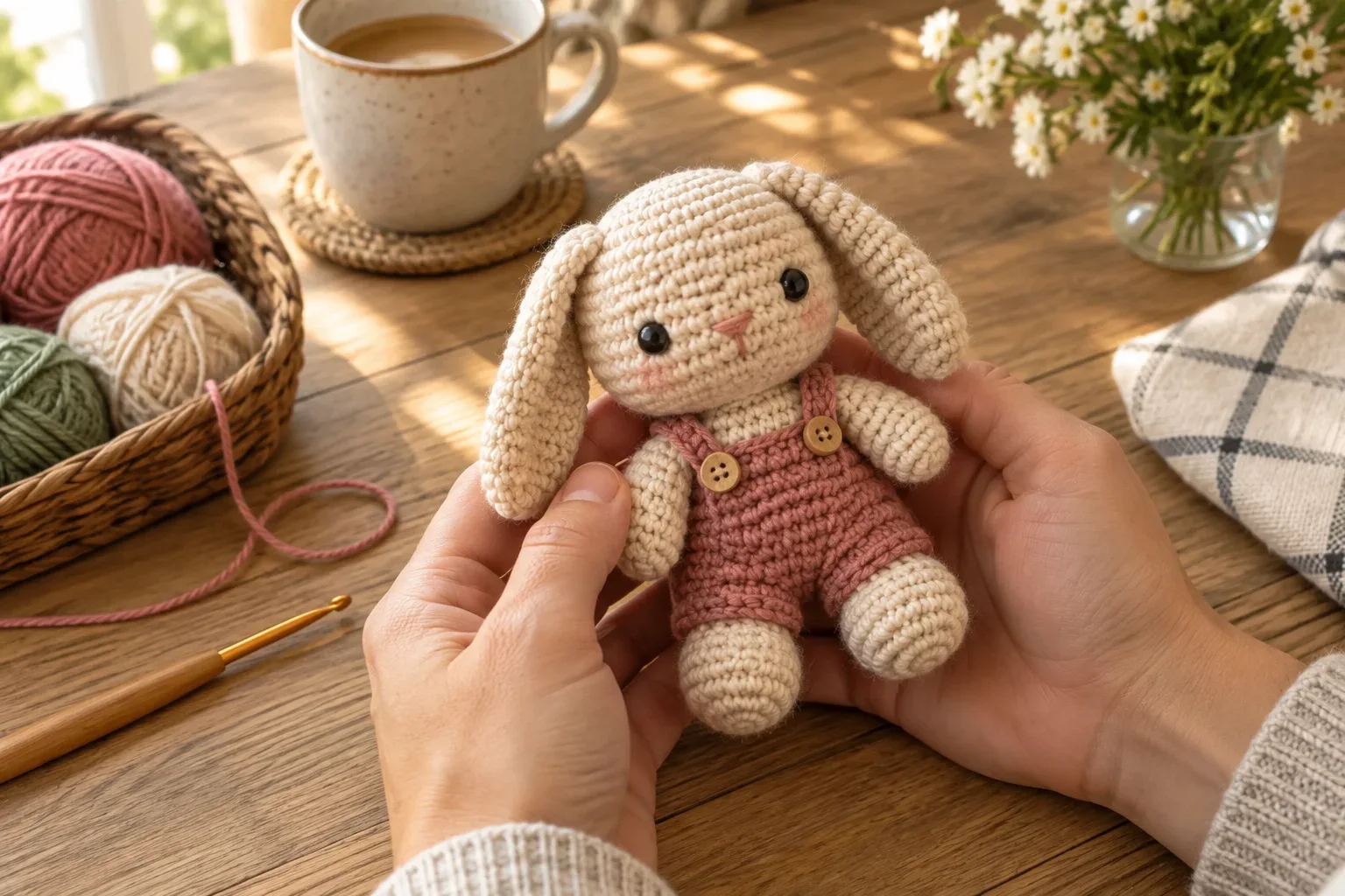 Hands holding a cream crochet bunny in pink overalls beside yarn, a crochet hook, tea, and flowers