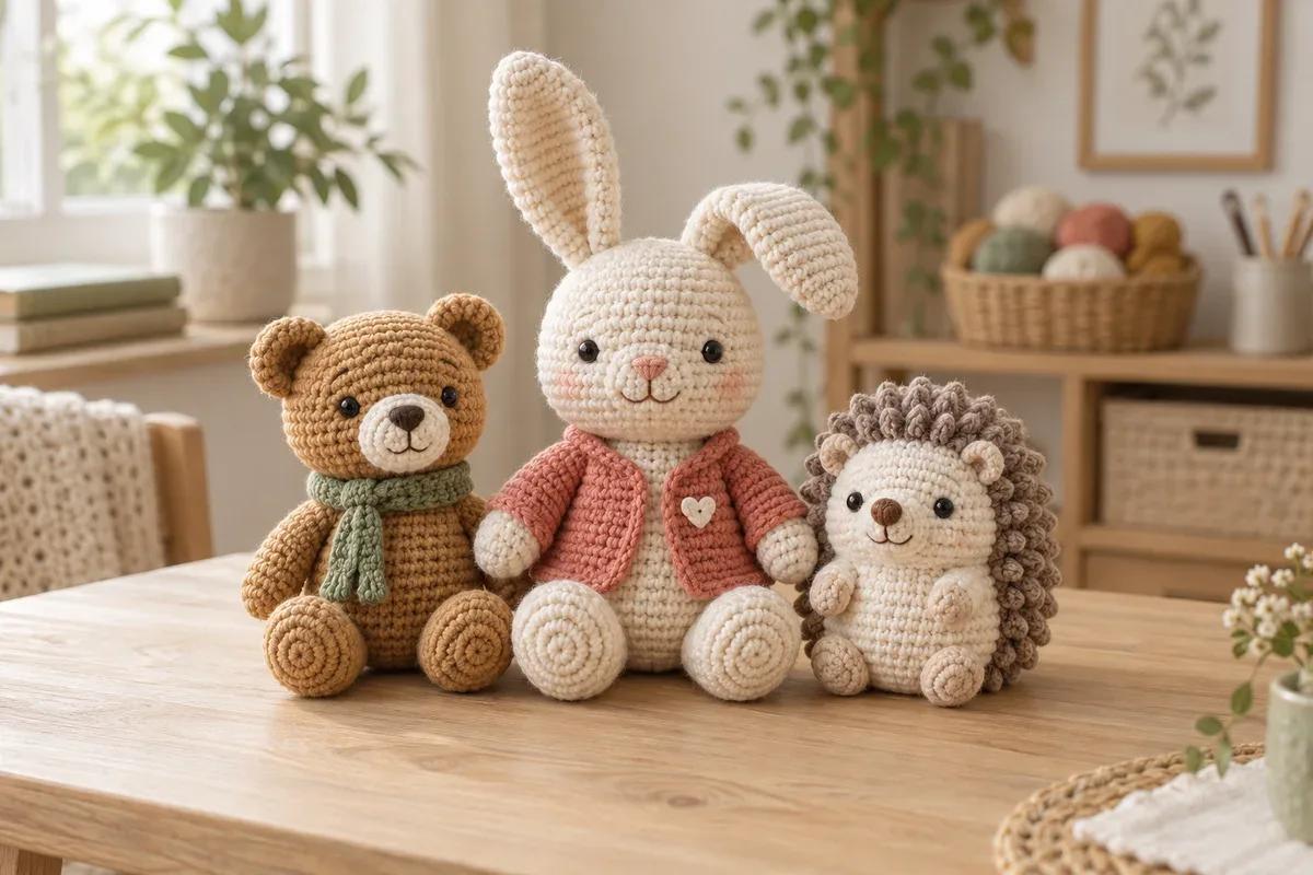 Crochet rabbit, bear, and hedgehog
