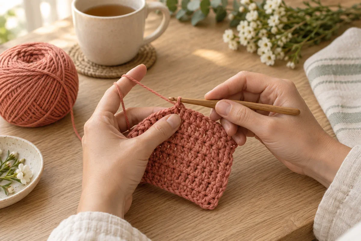 Hands crocheting coral yarn with a wooden hook