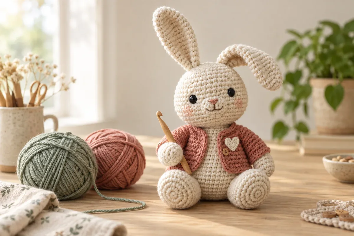 Cream crochet rabbit in a coral cardigan beside yarn