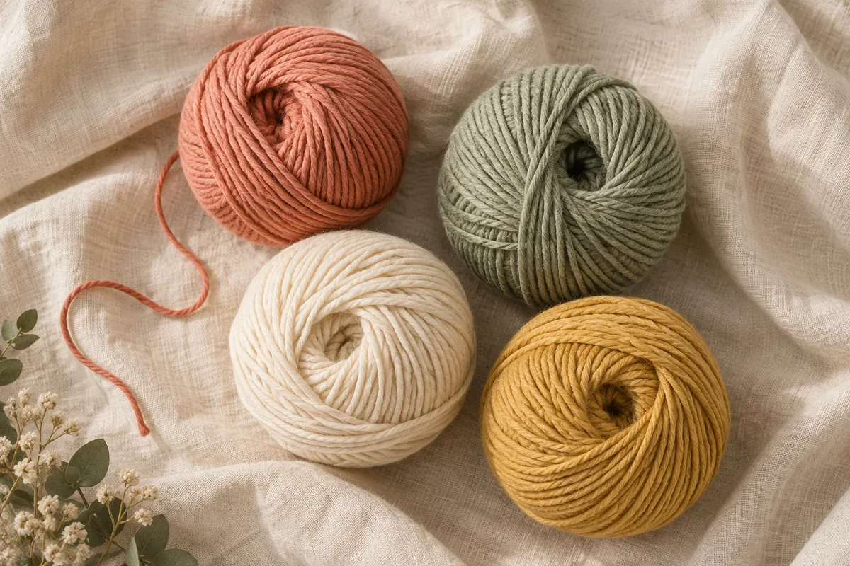 Yarn in sage, coral, cream and mustard
