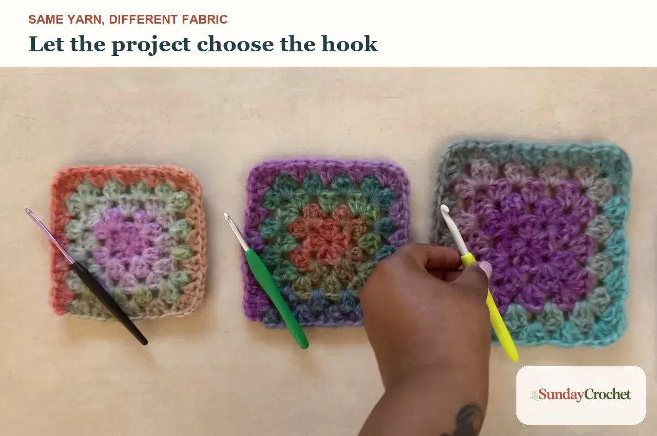 Three crochet squares made with the same yarn and different hook sizes to compare tight, medium, and loose fabric