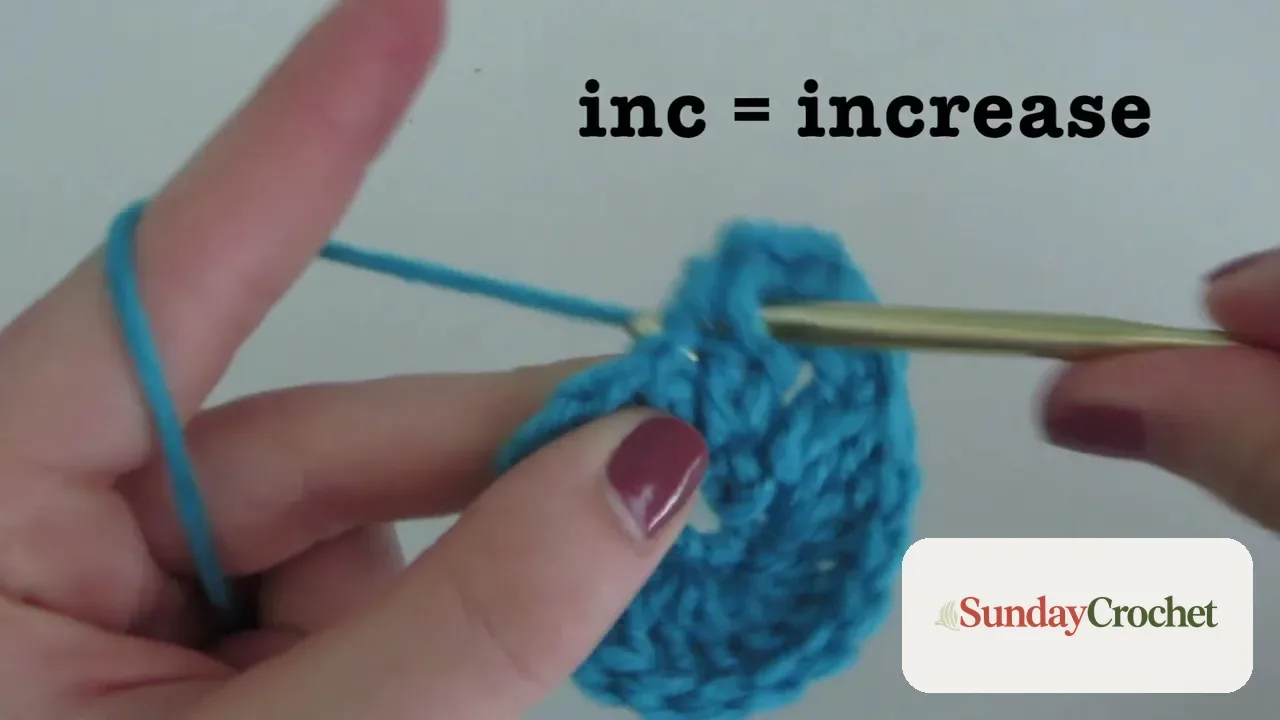 Hands showing a crochet increase worked twice into the same blue stitch