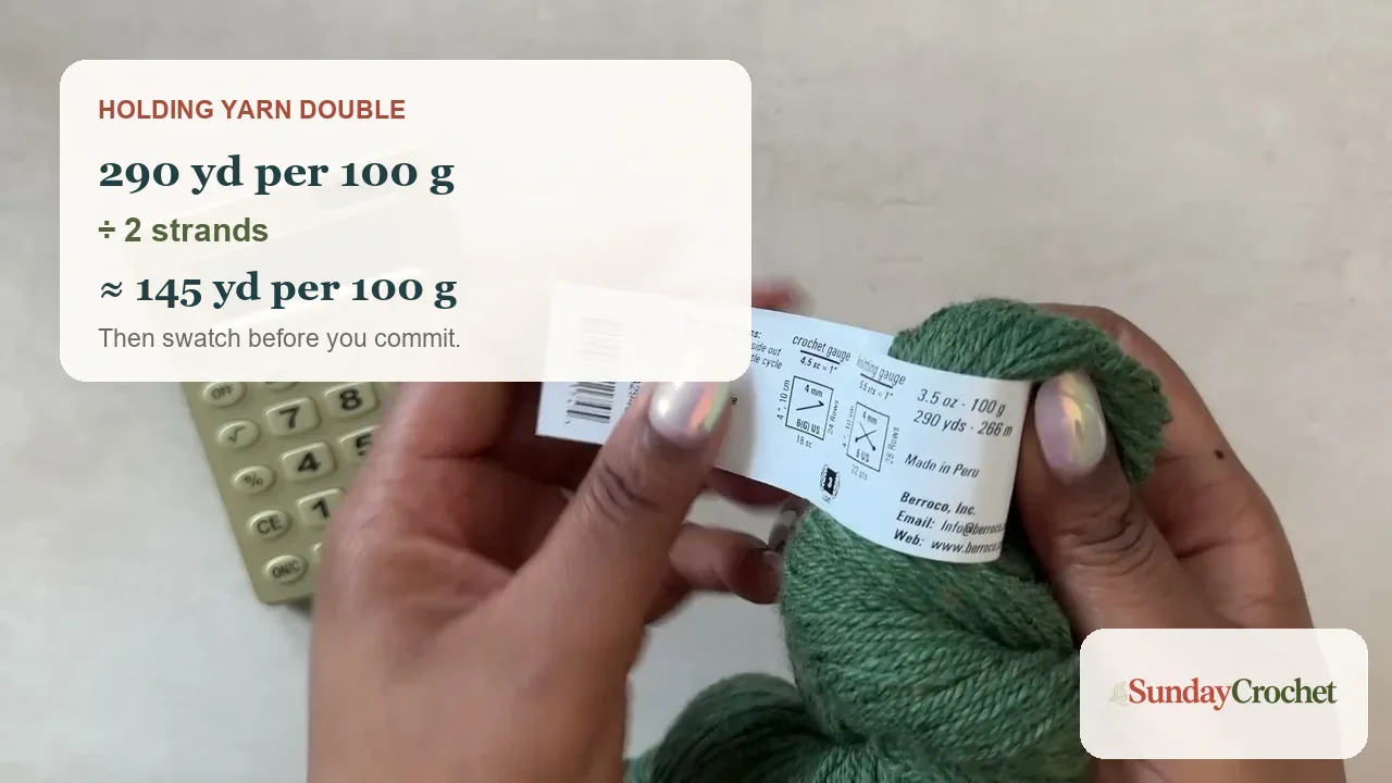 Hands holding a DK yarn label beside a calculator with a doubled-yarn yardage example