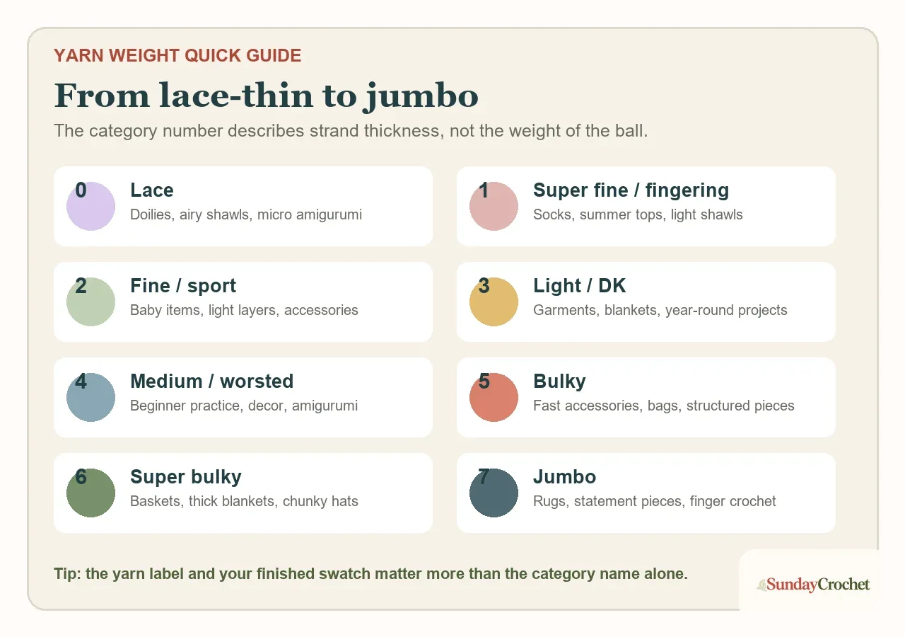 Chart of standard yarn weight categories 0 lace through 7 jumbo with suitable crochet projects