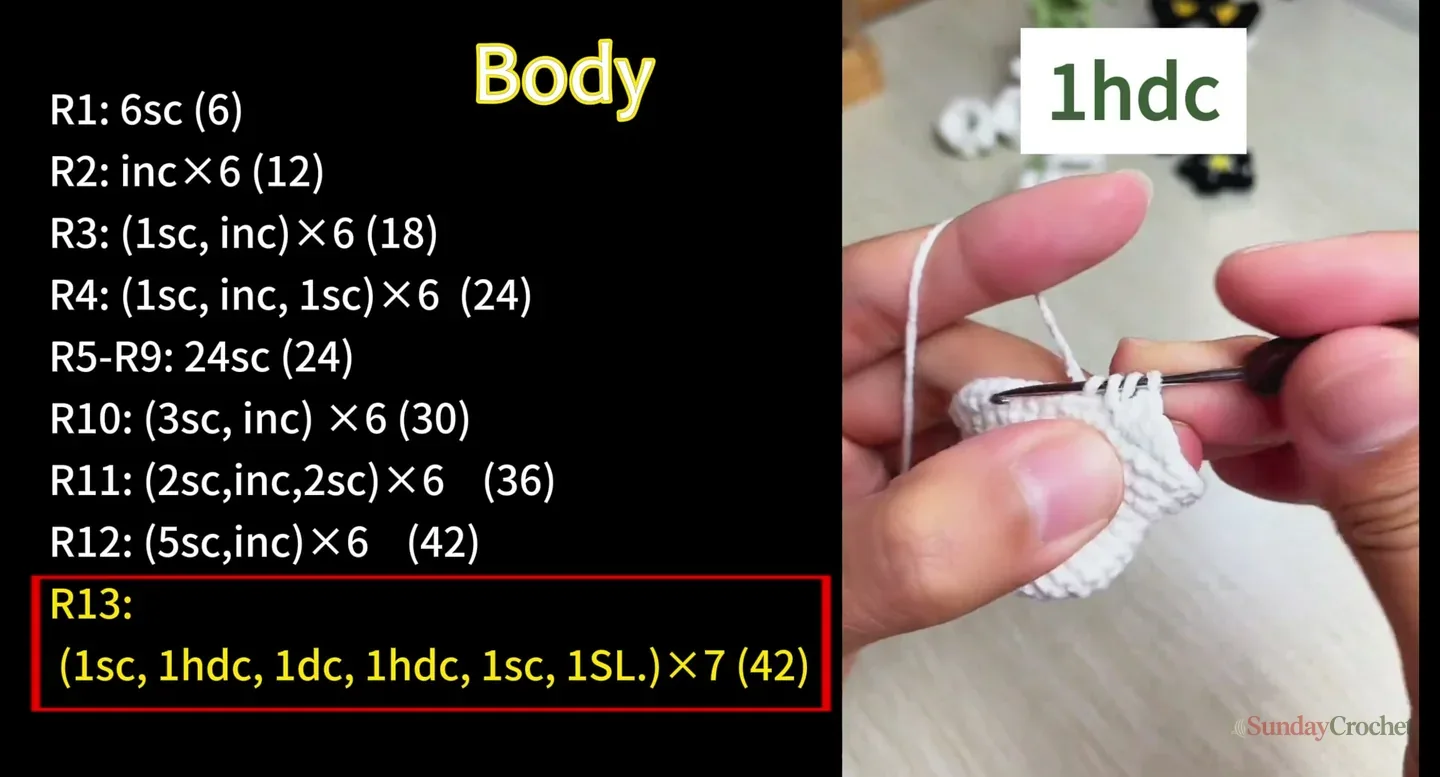 Hands work the flared edge of a white ghost body while the round chart shows stitch counts through Round 13