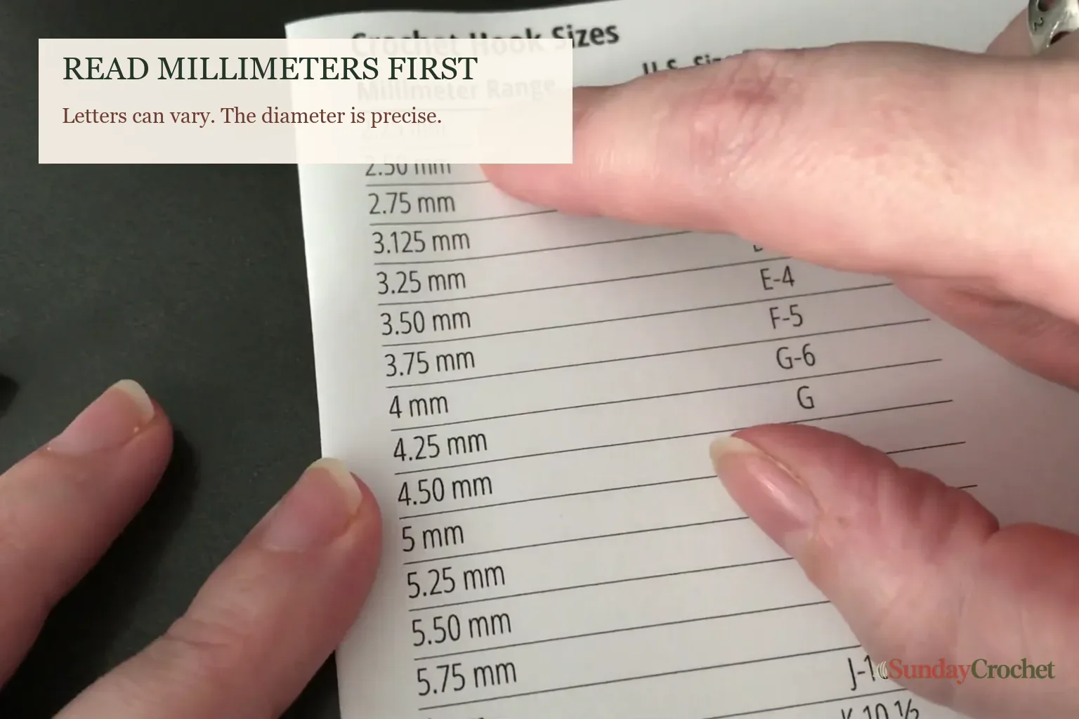 Hands comparing millimeter measurements and US labels on a crochet hook size chart