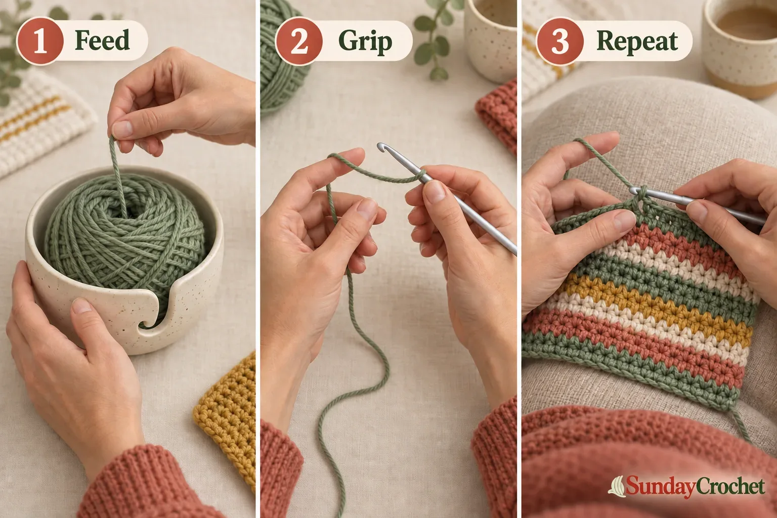 Three numbered panels showing controlled yarn feed, a relaxed hook grip, and a repeating crochet stitch