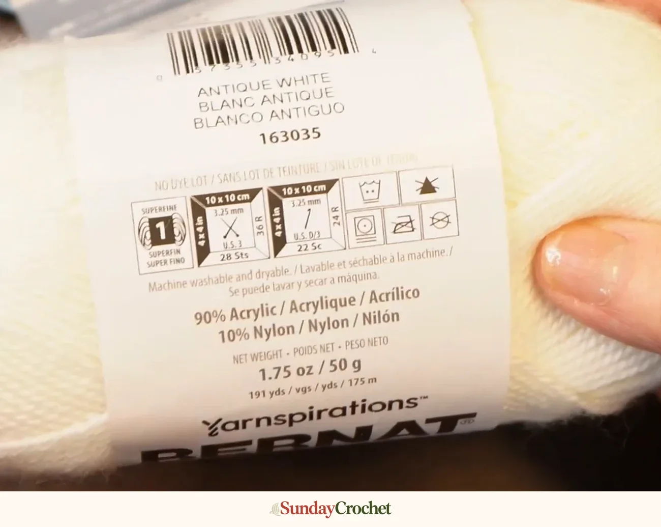 Ivory yarn label showing super fine category 1, 90 percent acrylic and 10 percent nylon, 50 g, and 175 m