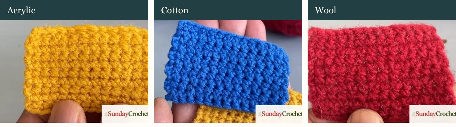 Three video swatches compare the compact acrylic, defined cotton, and softly haloed wool crochet fabrics