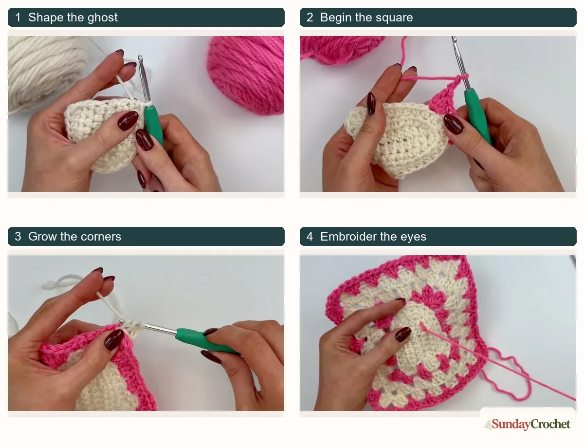 Four labeled crochet progress panels show shaping the ghost, beginning the square, growing its corners, and embroidering the eyes