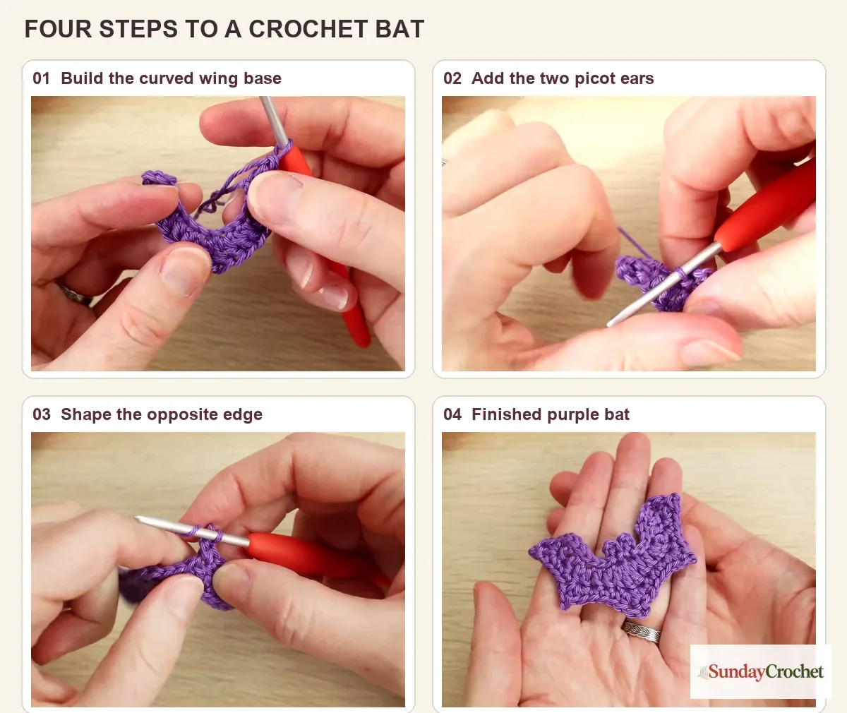 Four progress panels show the curved bat foundation, two picot ears, the shaped edge, and the finished purple crochet bat