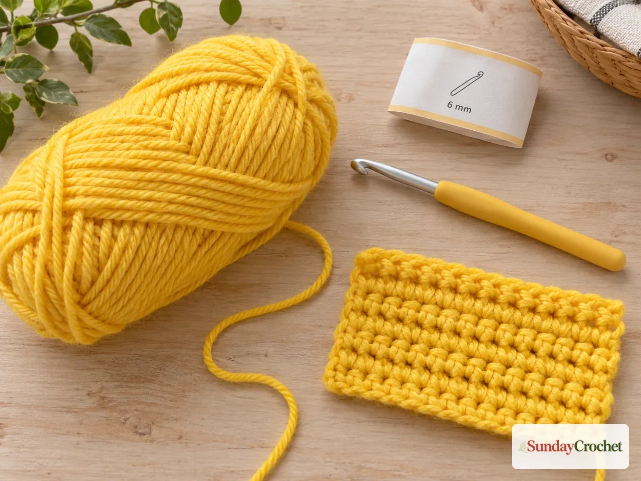 Bright yellow acrylic yarn, a 6 mm crochet hook, a crochet swatch, and a matching hook-size label