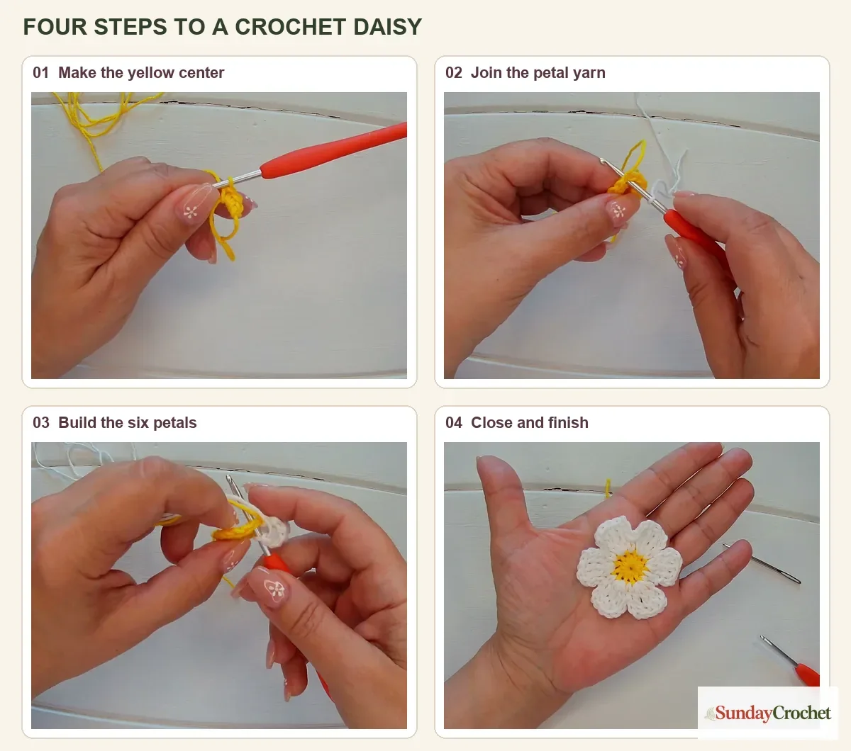 Four numbered panels show the yellow center, joining the petal yarn, forming six white petals, and finishing the crochet daisy