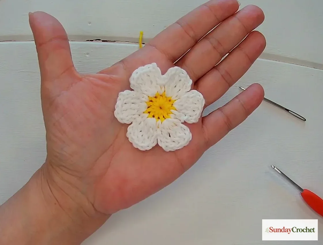 Finished six-petal white crochet daisy with a bright yellow center resting in a hand