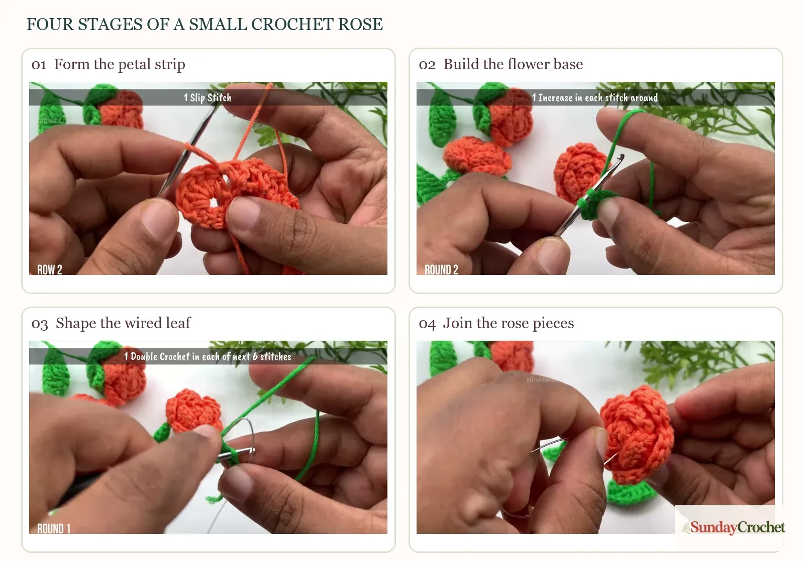 Four numbered panels show the rose petal strip, green flower base, wired leaf, and sewing the flower pieces together
