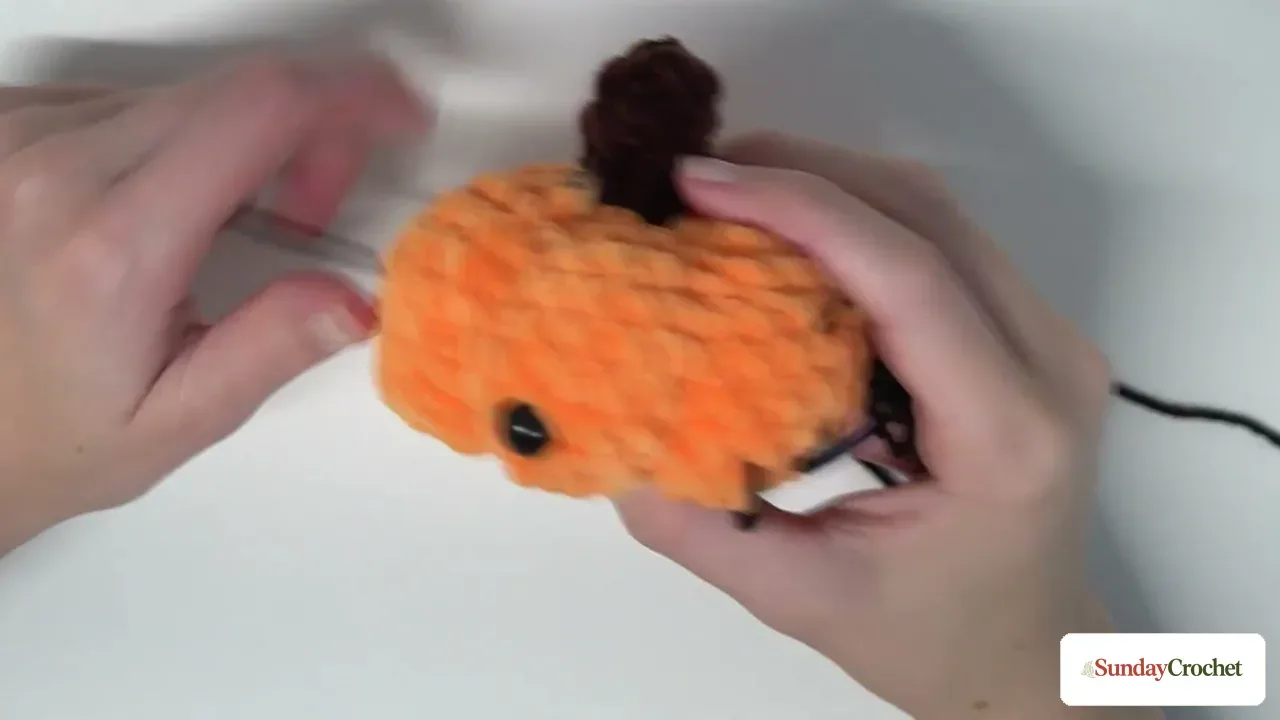 Thin black yarn is embroidered between the pumpkin's eyes to form a small smile