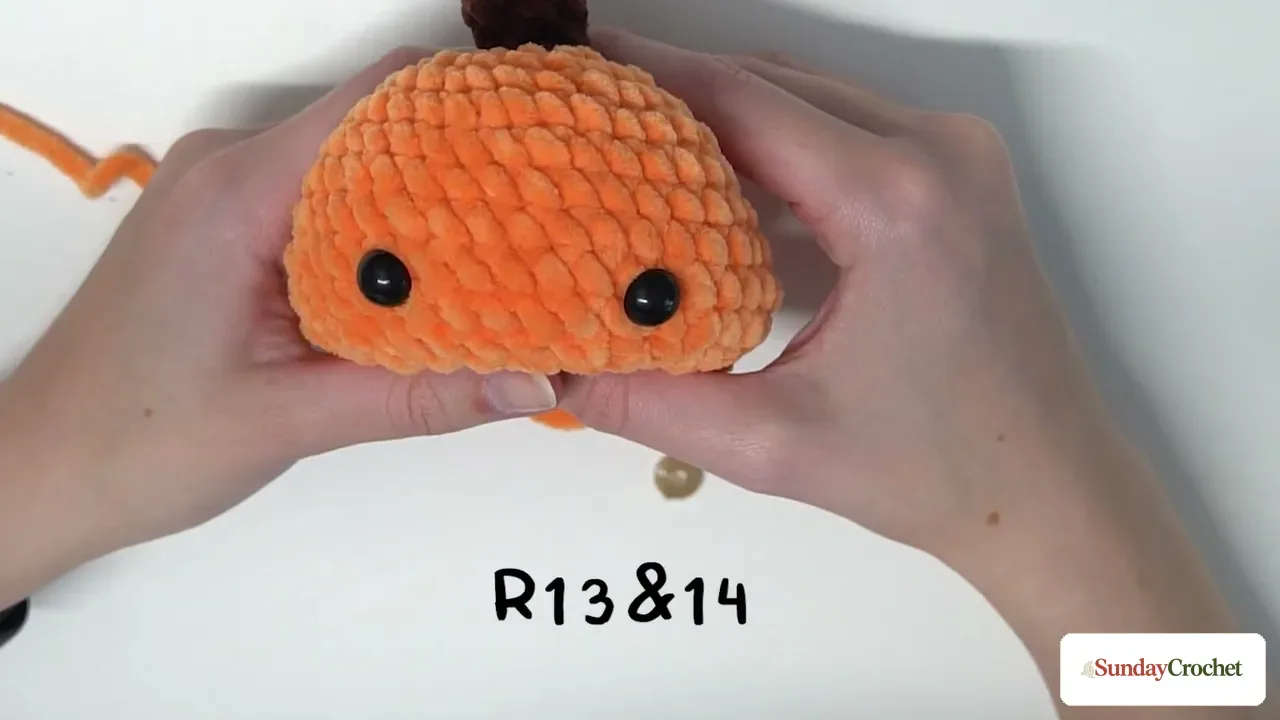 Black safety eyes are positioned about six stitches apart between the pumpkin's thirteenth and fourteenth rounds