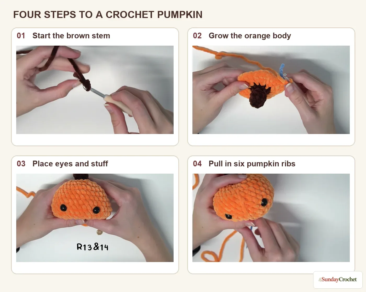 Four numbered steps show crocheting the brown stem, growing the orange body, placing the eyes, and pulling in six pumpkin ribs