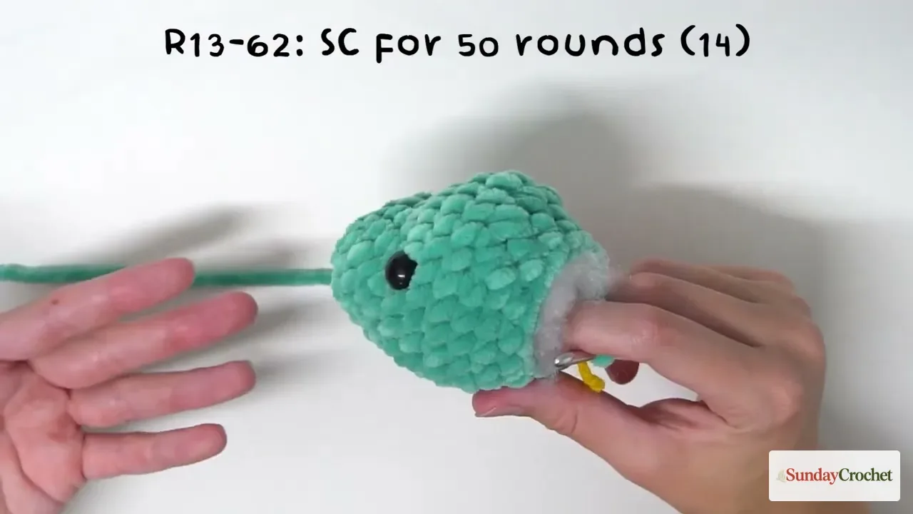 The snake's rounded head transitions into the long single-crochet body worked from Rounds 13 through 62