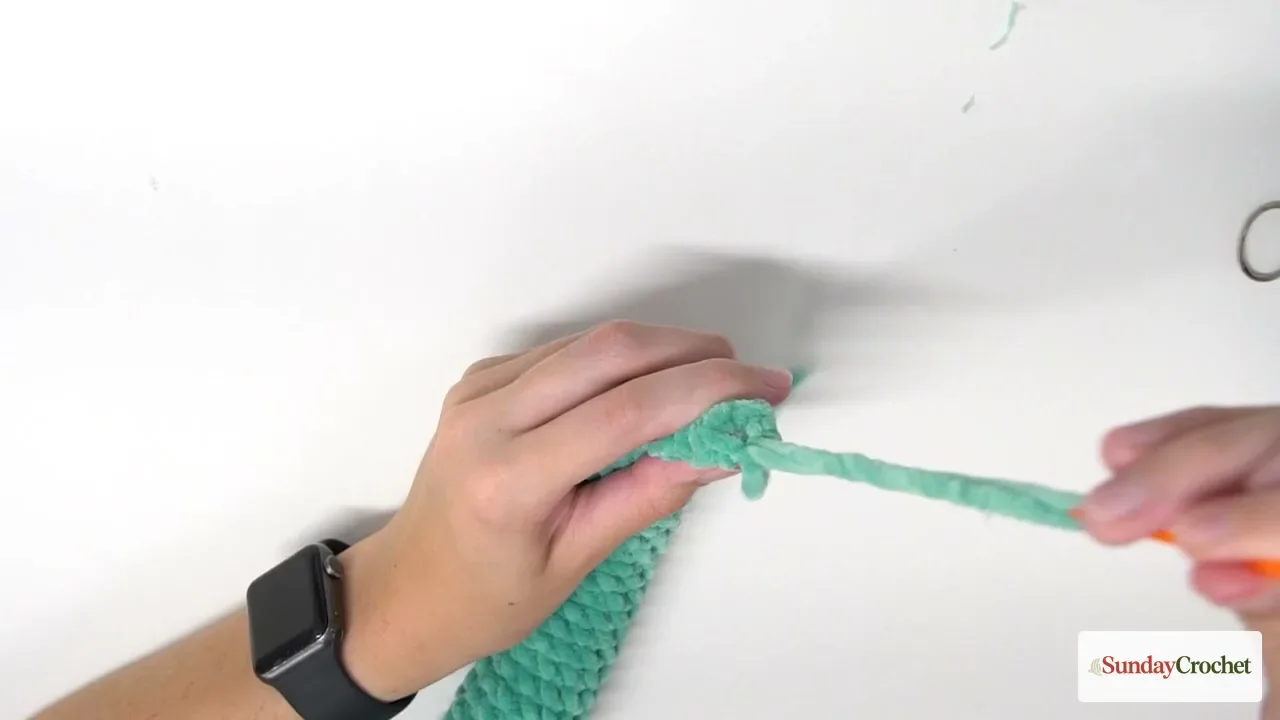 A yarn needle weaves the finishing tail into the tapered end of the crocheted snake