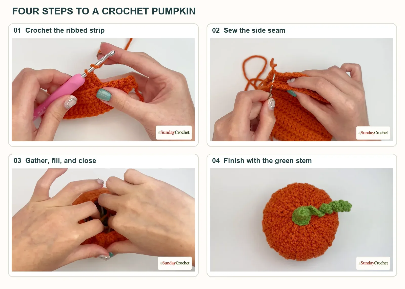 Four numbered panels show working the ribbed strip, sewing the side seam, gathering and stuffing the pumpkin, and the finished pumpkin with its green stem