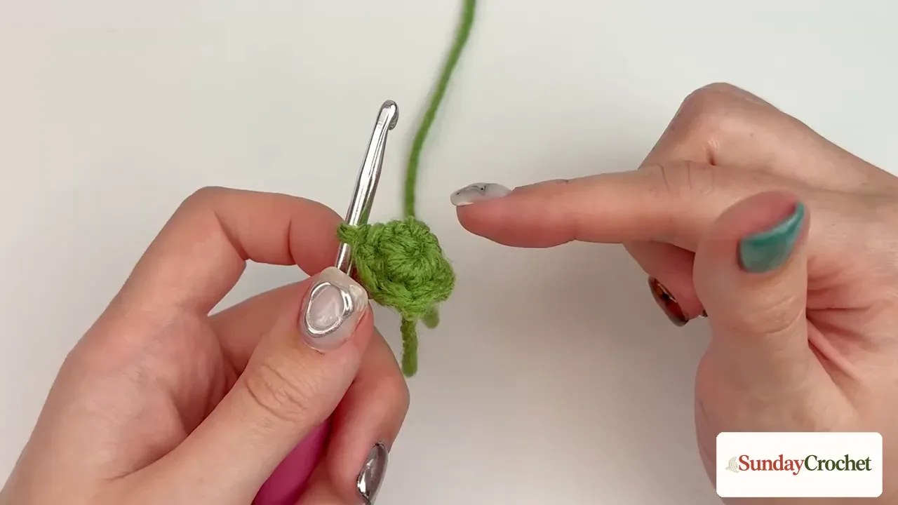 A small green crochet stem is worked in joined rounds before its base is finished