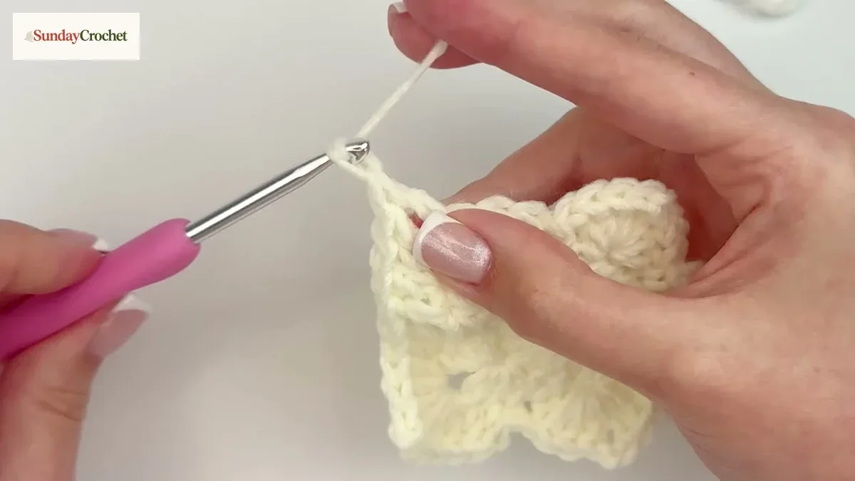 The hook moves into a star-point chain-two space as the cream crochet panel grows