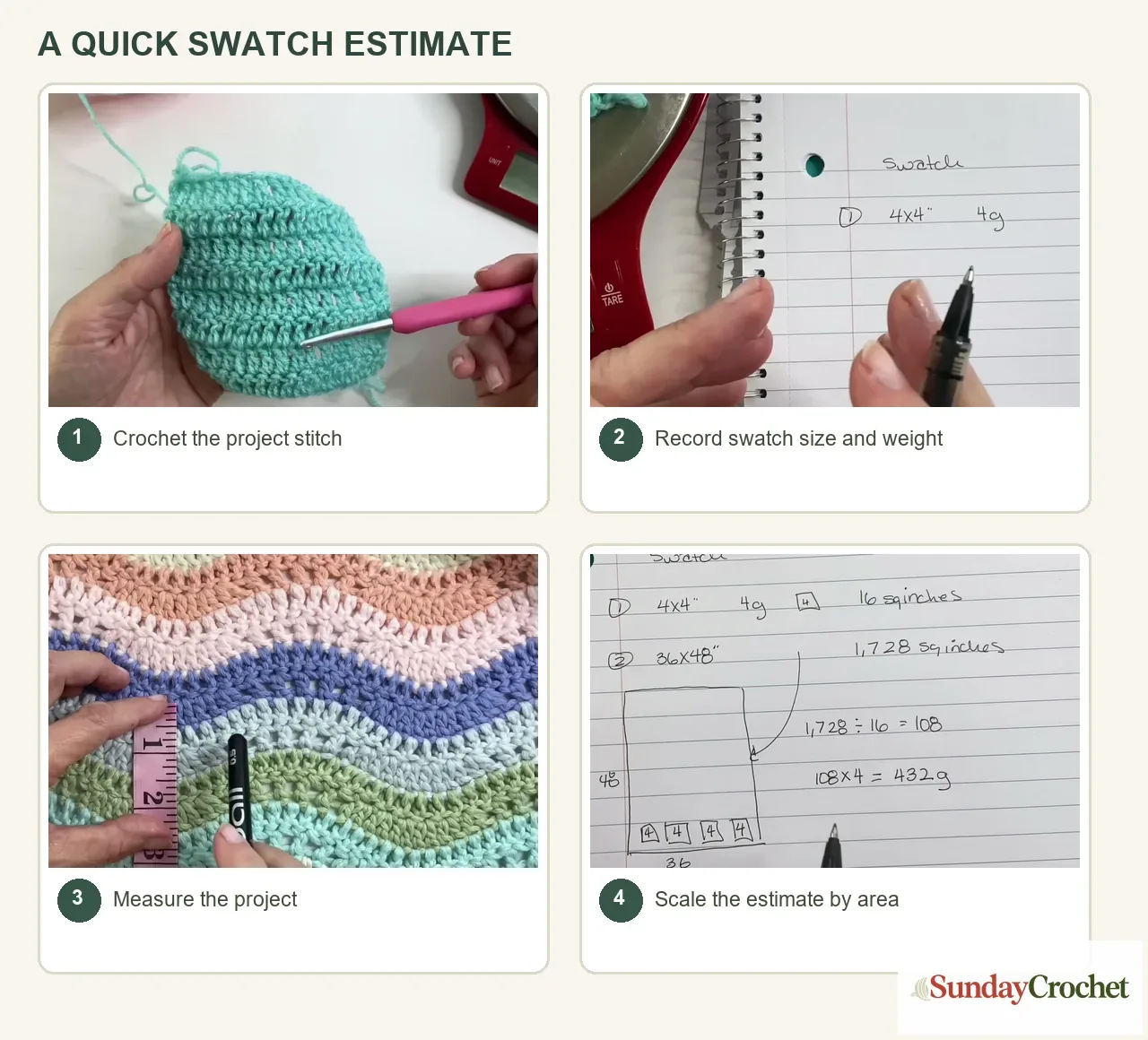 Four numbered steps showing a crochet swatch, weighing the sample, measuring the project, and scaling the estimate by area.
