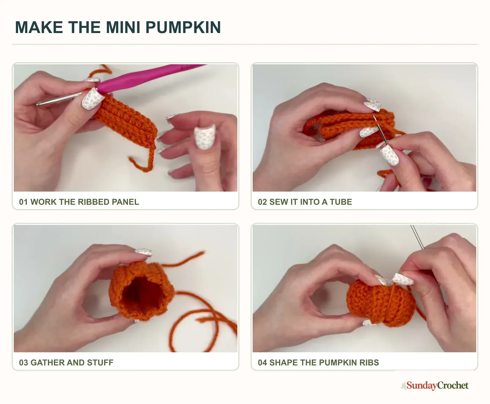 Four numbered images show the ribbed pumpkin panel, joining its seam, gathering and stuffing it, and shaping the ribs