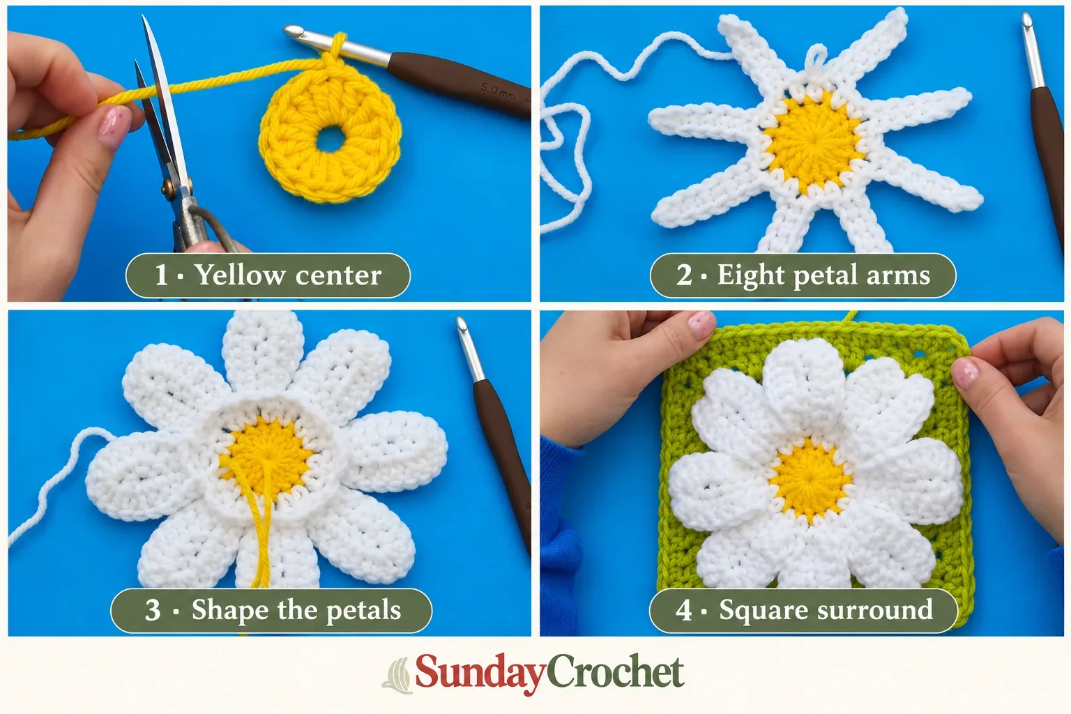 Four numbered panels show the yellow center, eight white petal arms, shaped daisy petals, and green square surround