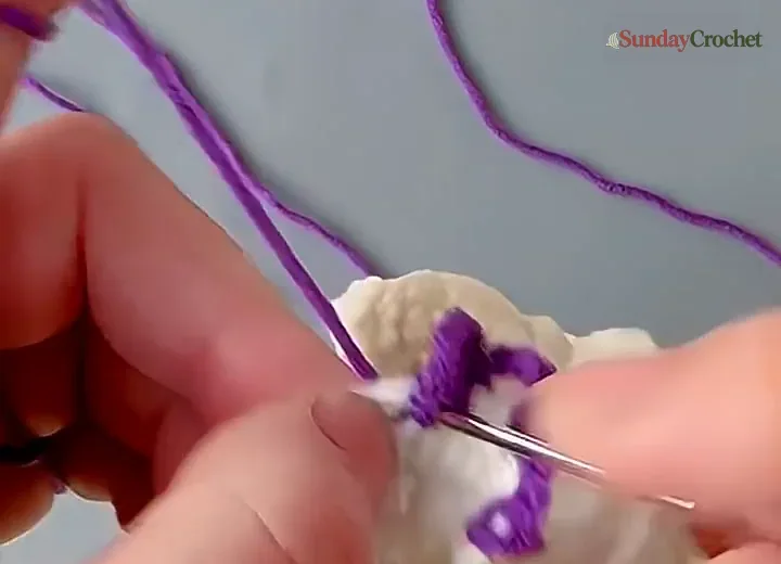 Hands use violet yarn and a crochet hook to make chain loop edging around the white ruffle