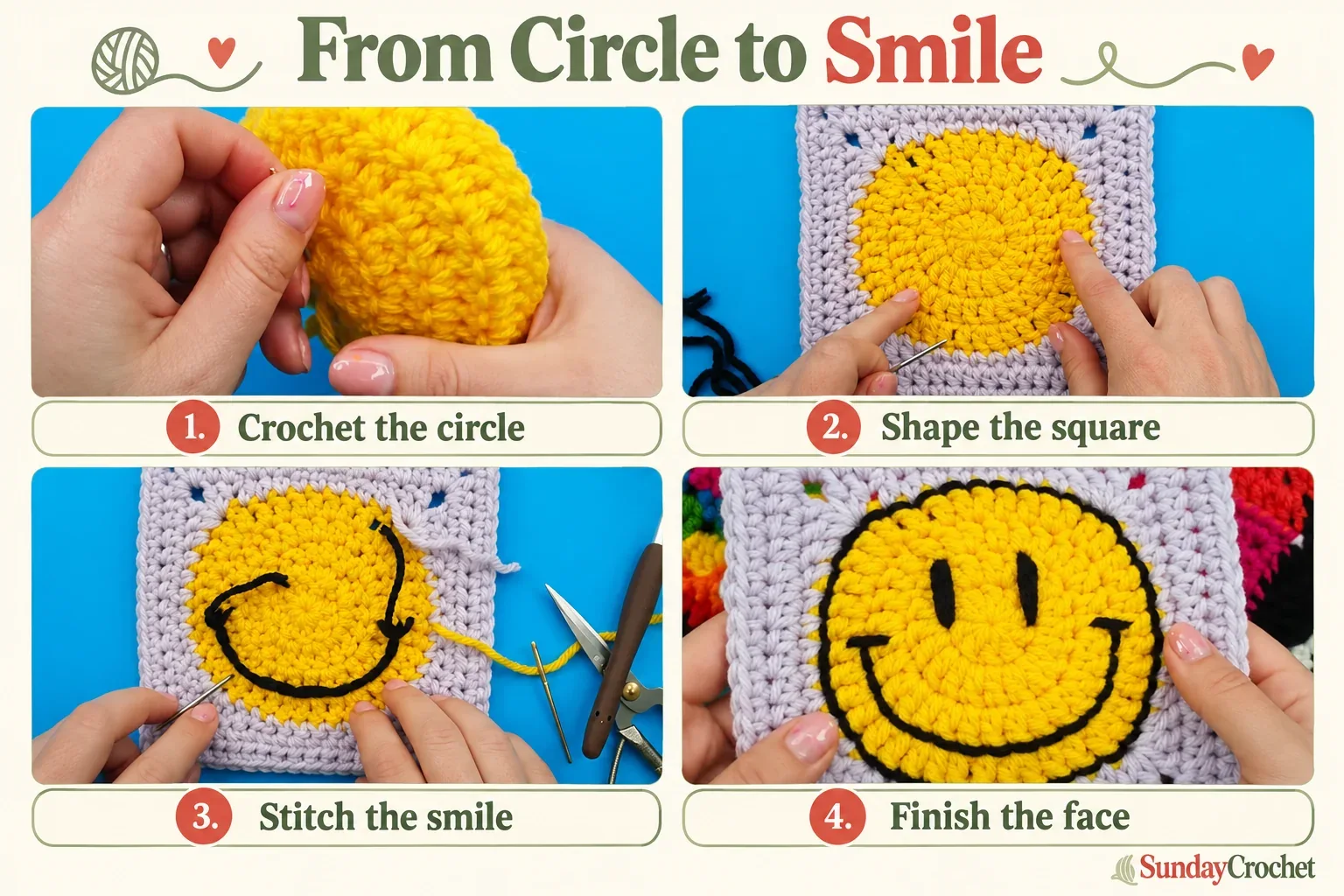 Four numbered panels show the yellow circle, gray square border, embroidered smile, and completed smiley face