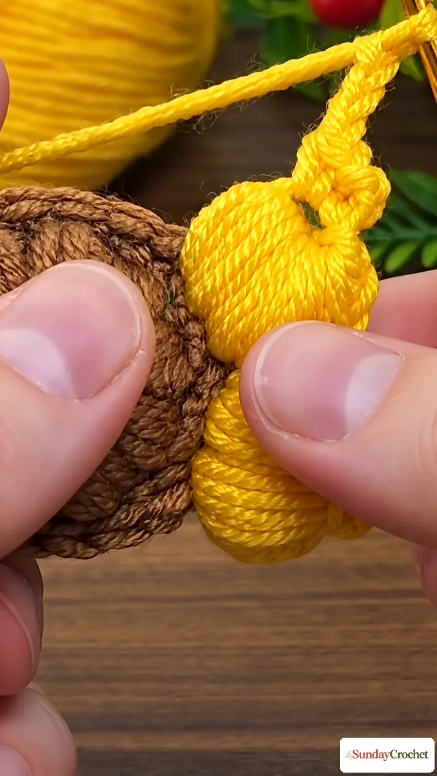 Hands gently arrange the rounded yellow petals around the crochet sunflower