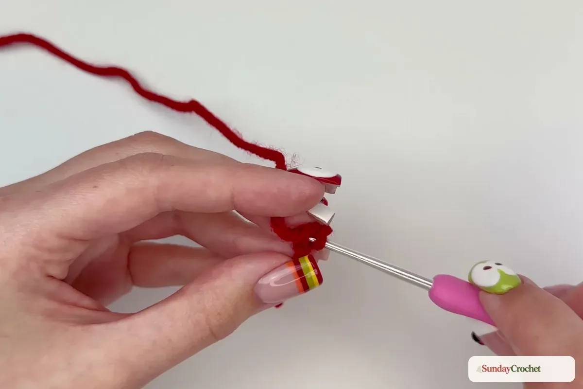 Six single crochet stitches form the center of the red cherry