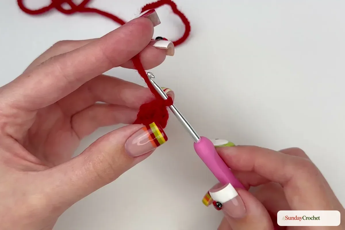 The red crochet circle expands with two single crochets in each stitch