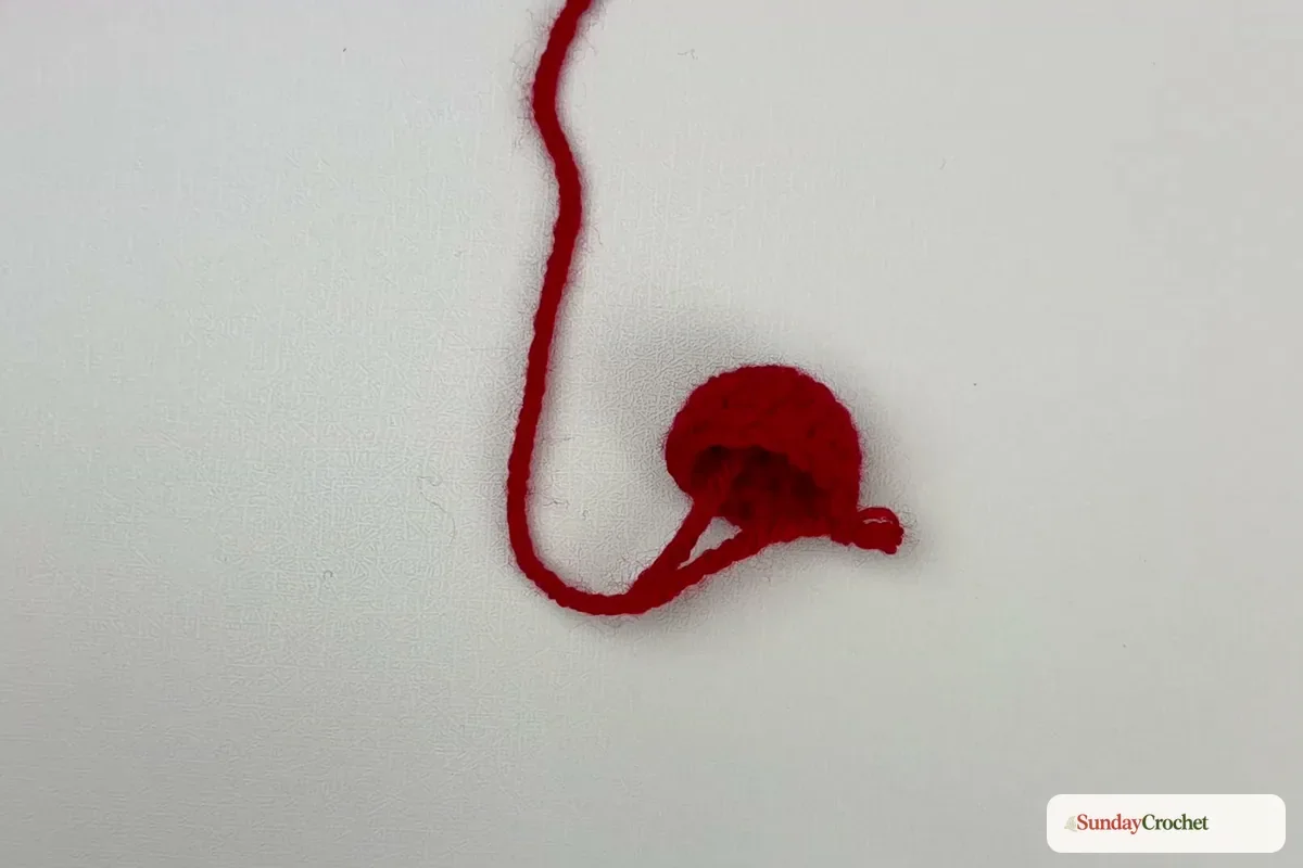 The green chain stem is tied securely through the top stitches of a red cherry