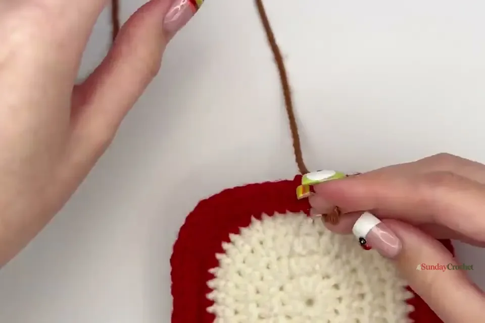 Brown yarn is attached at the center of the apple and worked into a short chained stem