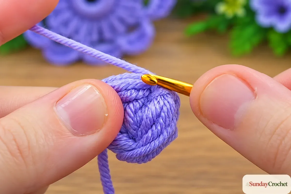 Lavender yarn and a gold hook work stitches around the compact circular flower center