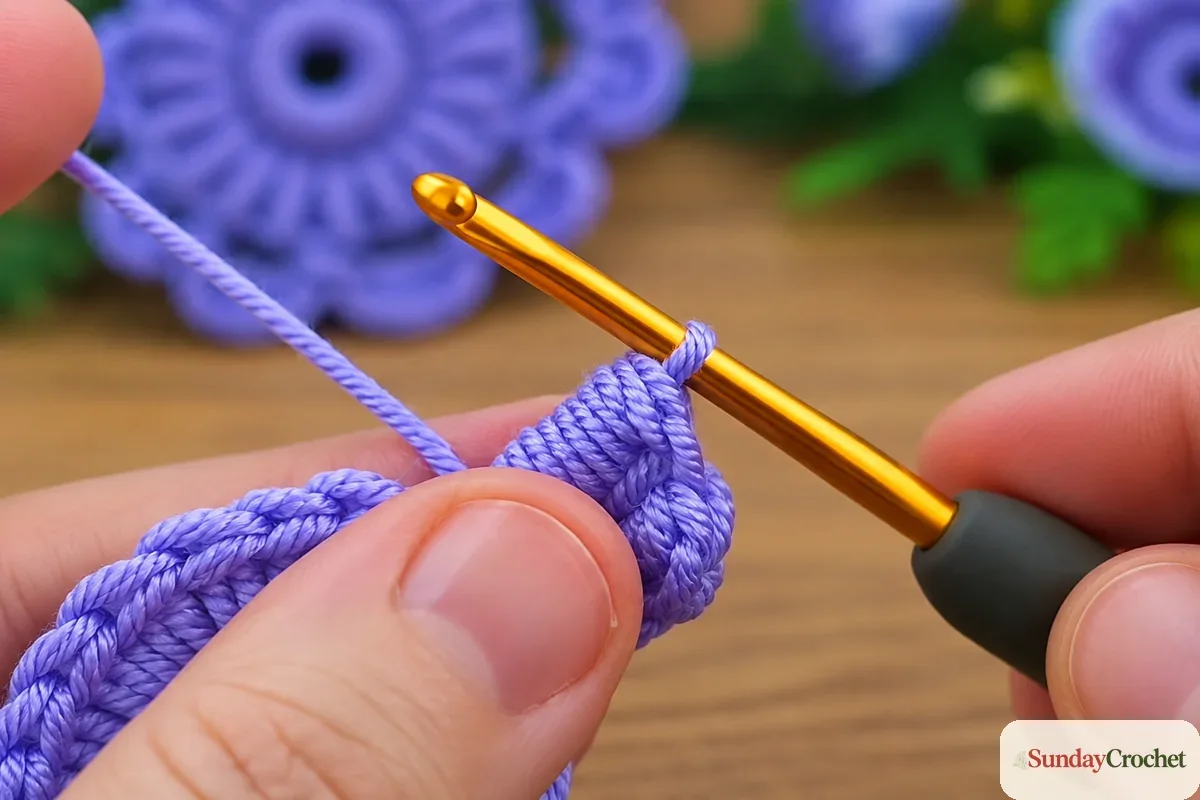 A raised elongated lavender petal is worked into the first layer of the crochet flower