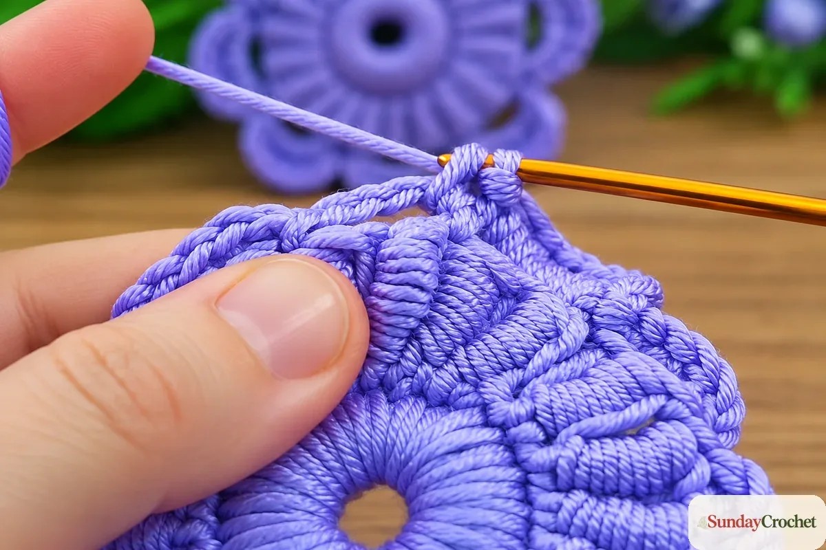 The hook works a tall stitch cluster into an outer chain arch on the crochet flower