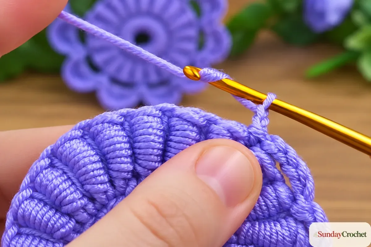 A five-chain arch is formed over the raised inner petals of the lavender crochet flower