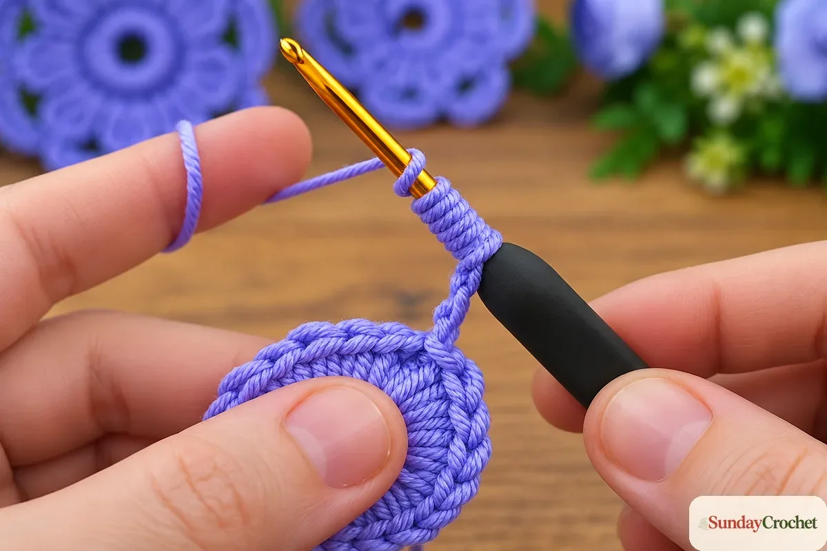 Lavender yarn is wrapped repeatedly around a gold crochet hook above the flower center
