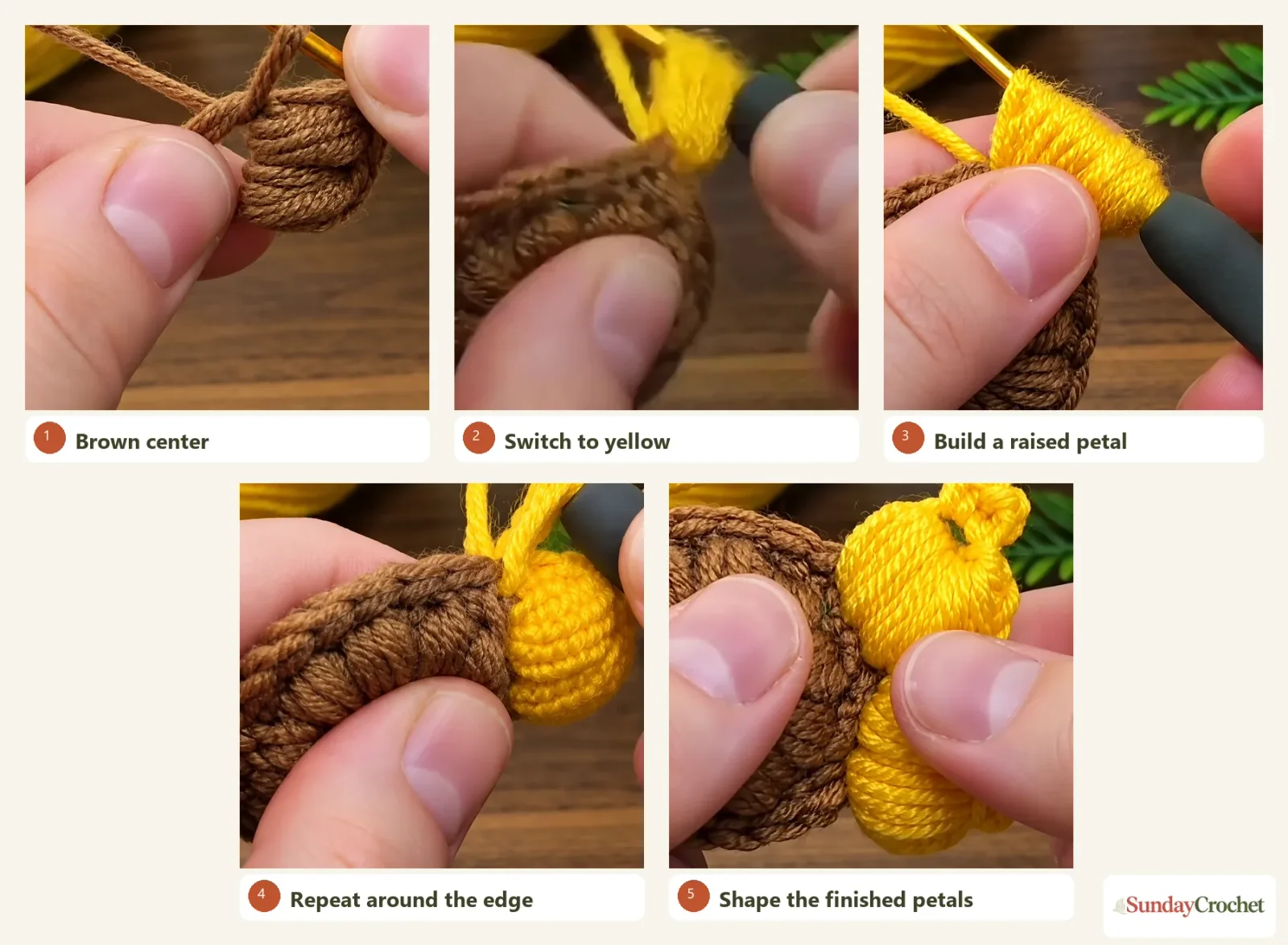 Numbered five-panel overview showing the brown center, yellow color change, raised petal, repeated petals, and final shaping