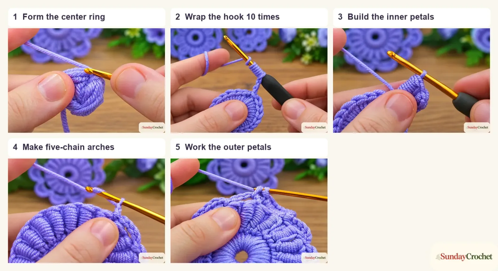 Five numbered panels show forming the flower center, wrapping the hook, building inner petals, making chain arches, and working outer petals