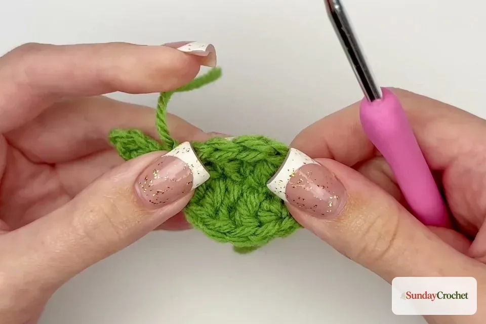 Hands finish the green leaf and fasten off the working yarn