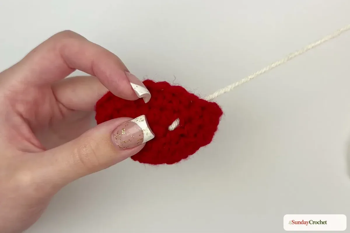 Cream yarn is embroidered as small spots across the red mushroom cap